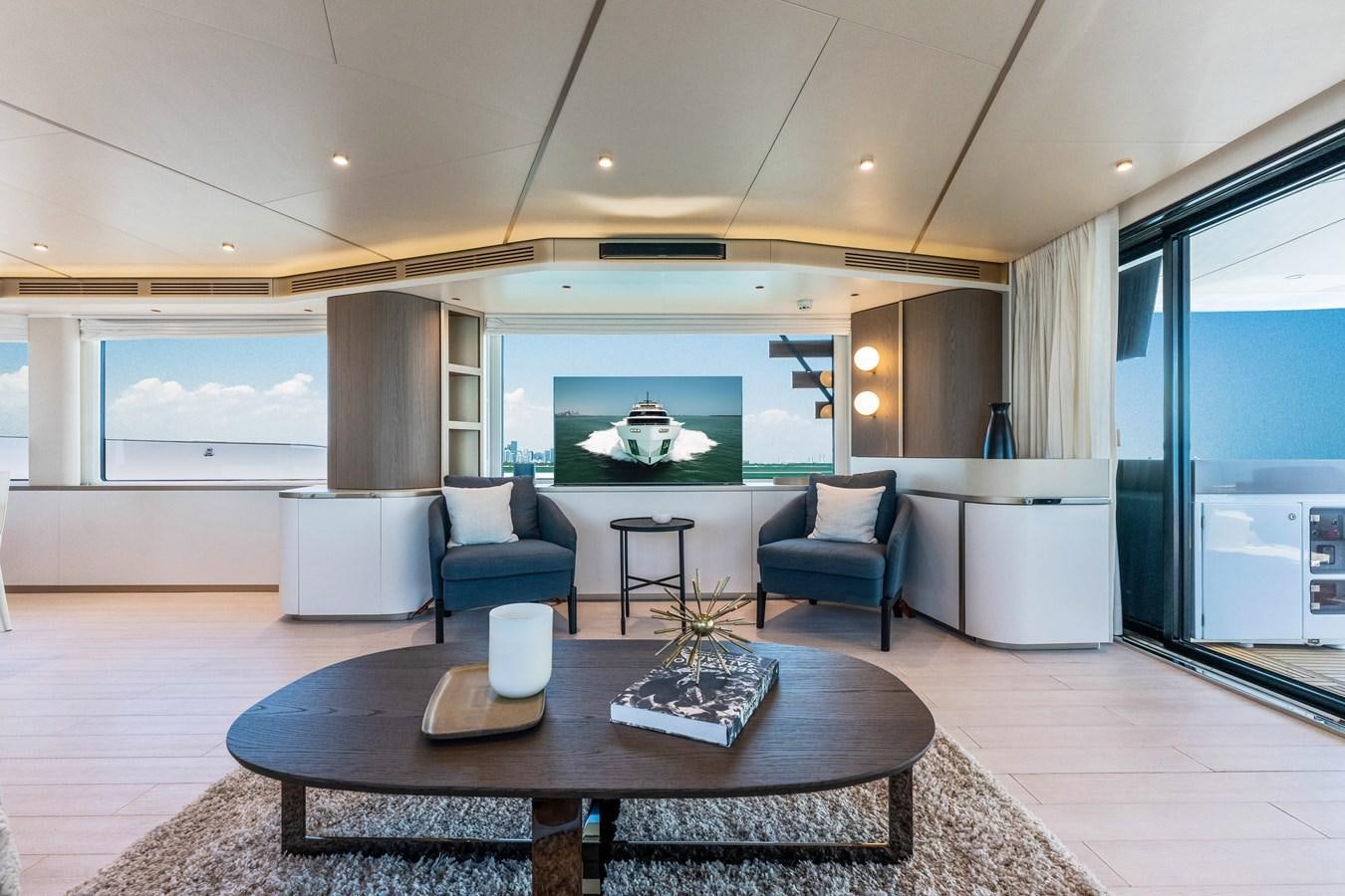 a modern looking living room aboard EQUITES Yacht for Sale