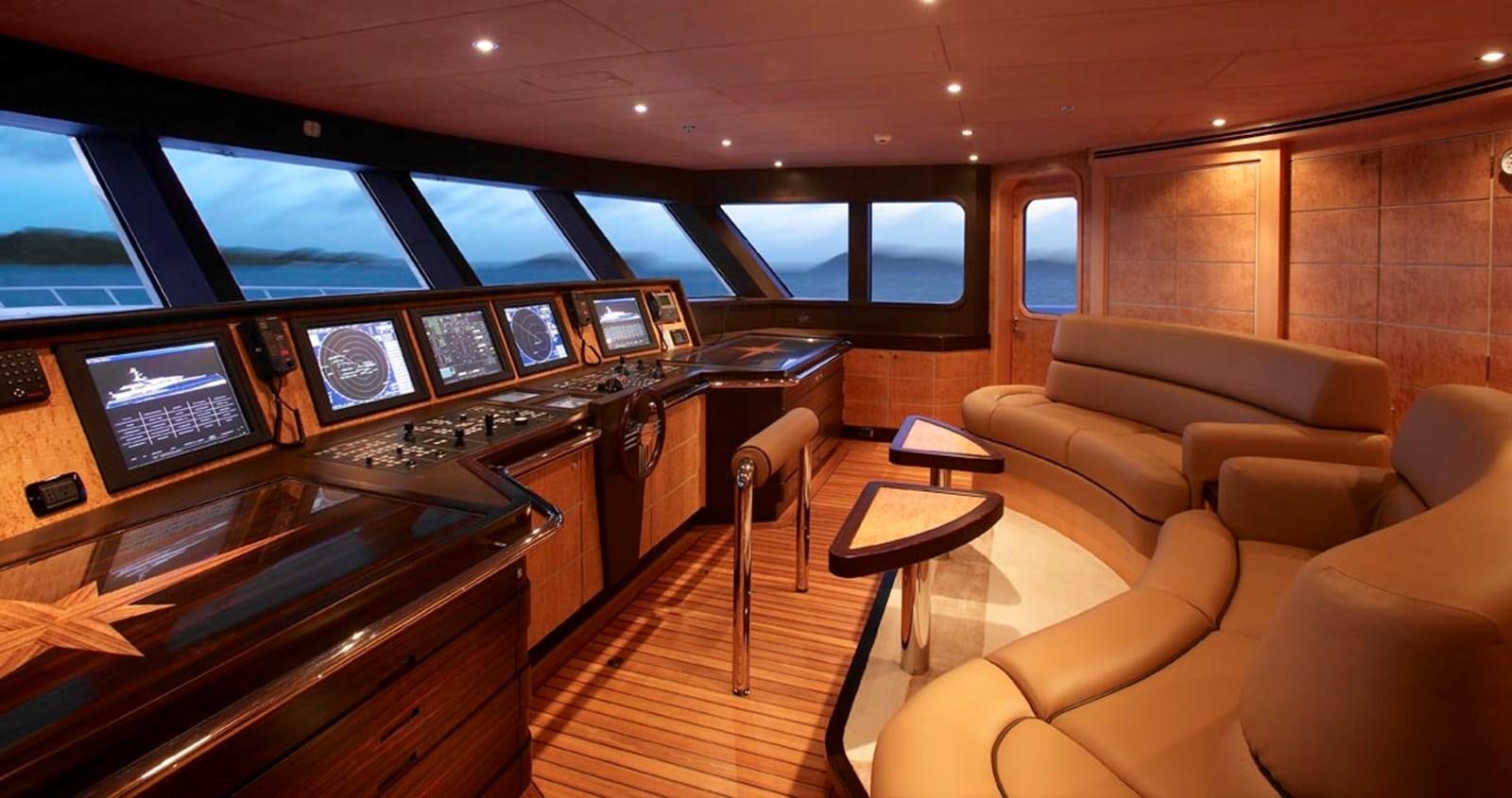inside of a vehicle with a piano and a large screen aboard PREDATOR Yacht for Sale