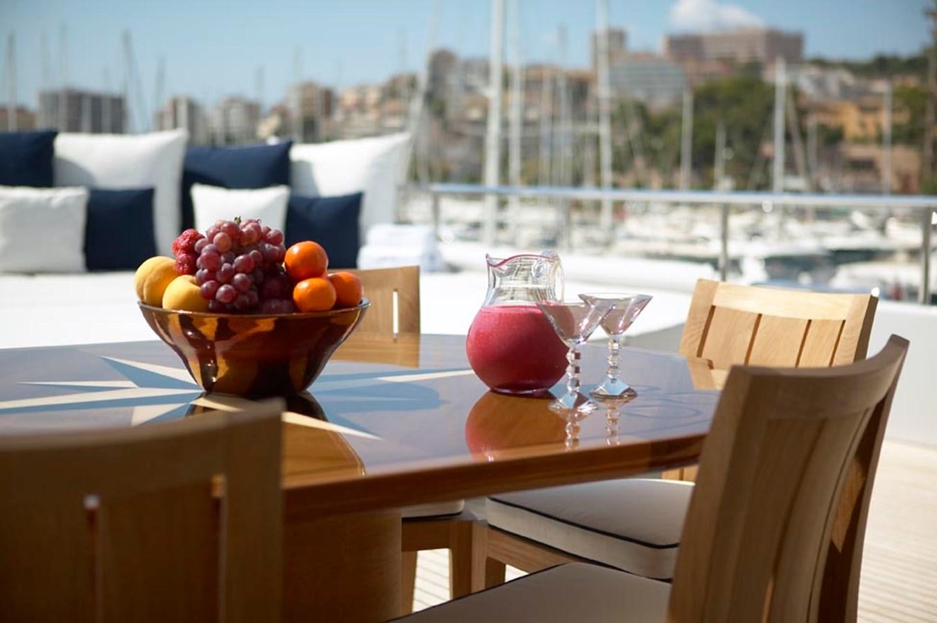 a table with a bowl of fruit on it aboard PREDATOR Yacht for Sale
