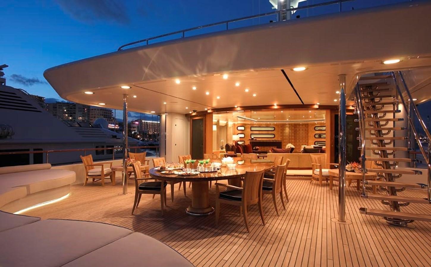 a large patio with tables and chairs aboard PREDATOR Yacht for Sale