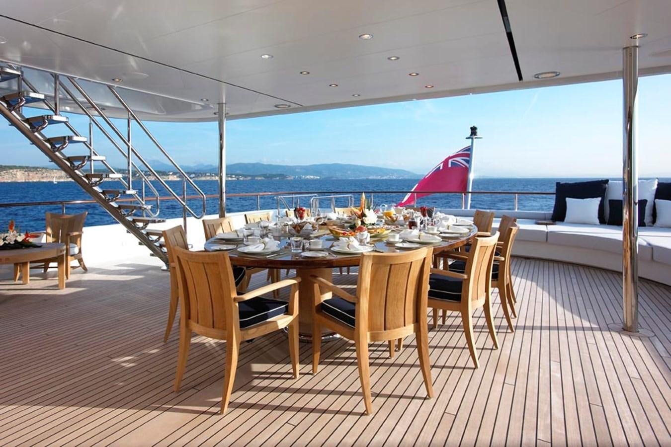 a table set for a meal on a deck overlooking a large body of water aboard PREDATOR Yacht for Sale