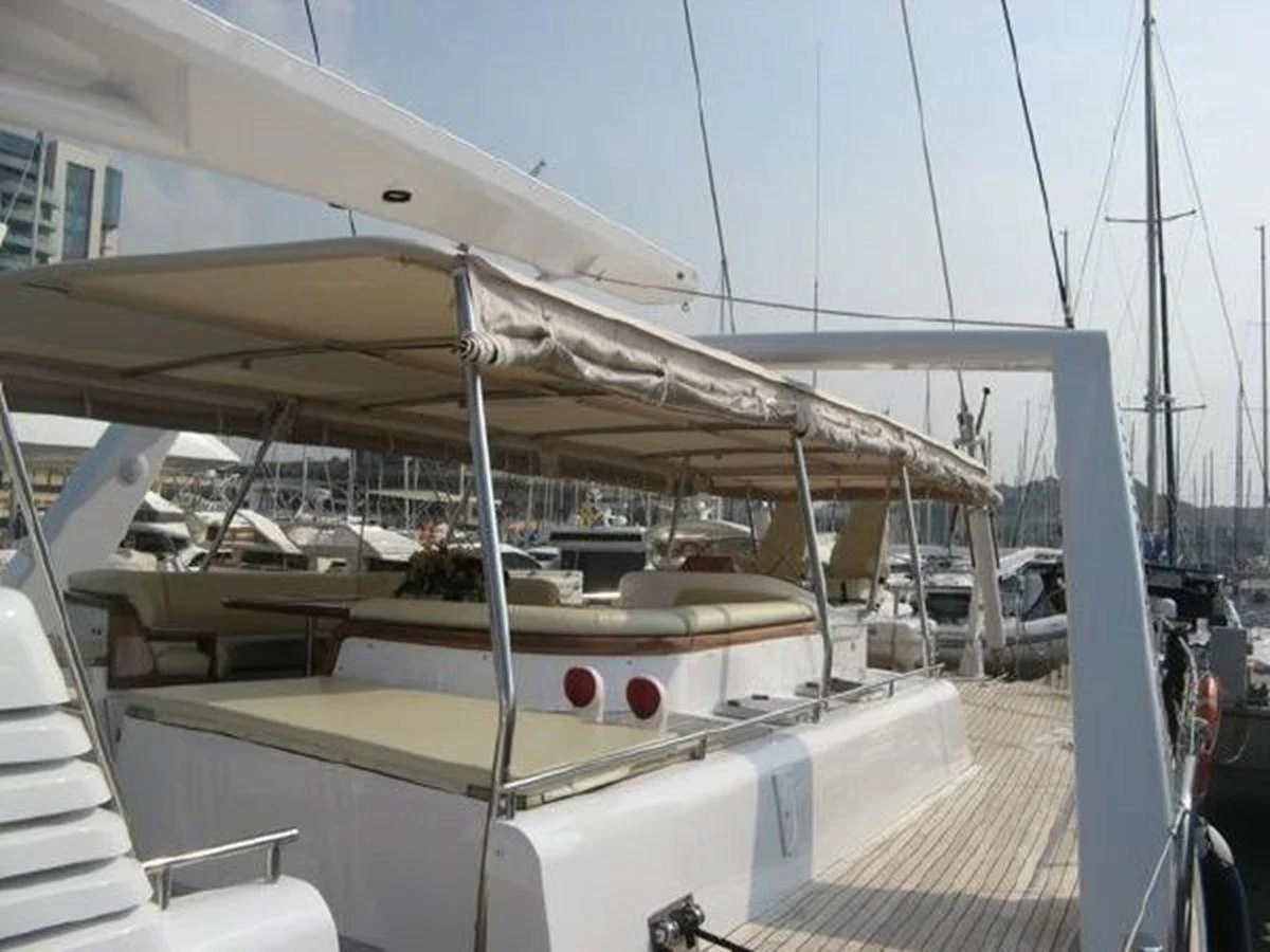 a boat with a canopy aboard ORIEL Yacht for Sale