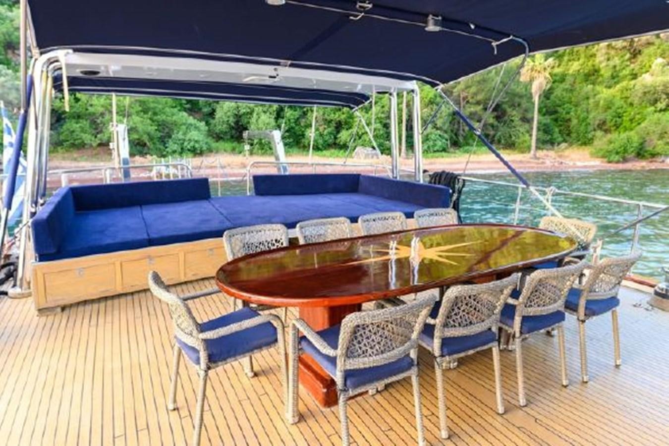 a table and chairs on a deck aboard VIVA SHIRA Yacht for Sale