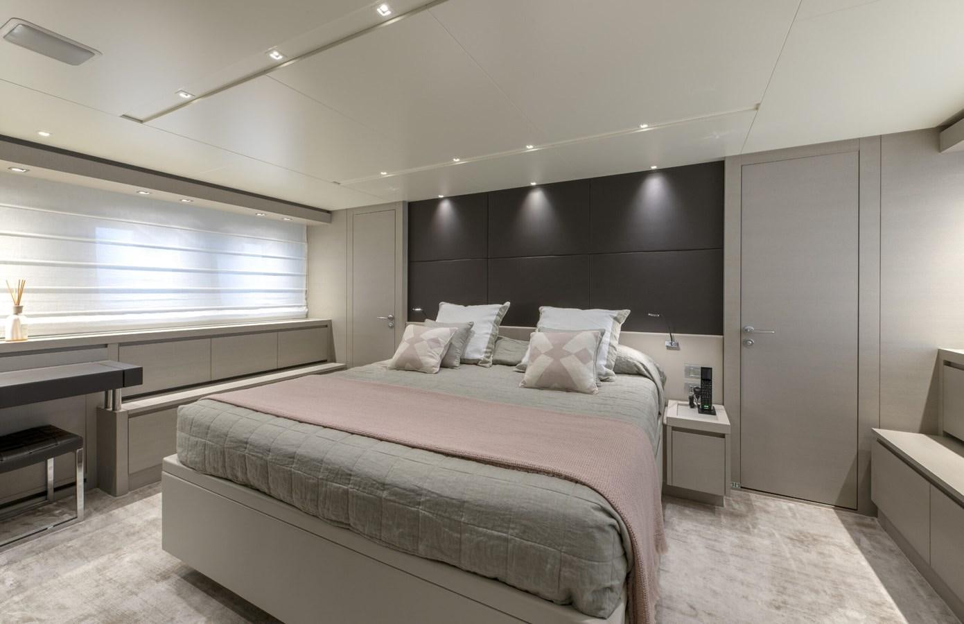 a large bedroom with a large bed aboard 2017 SANLORENZO SL86 # 676 Yacht for Sale
