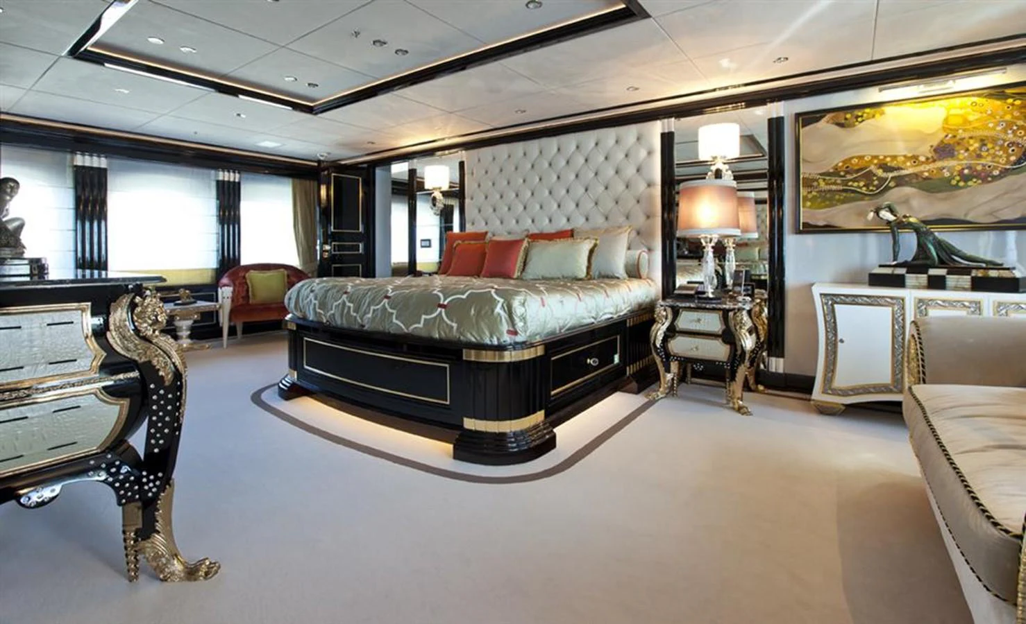 a large living room with a large bed aboard ALEXANDER AGAIN Yacht for Sale