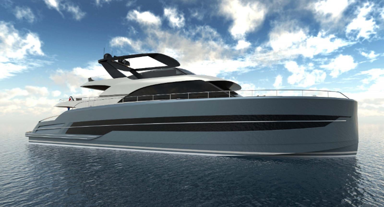 a white yacht on the water aboard ST-BARTH 85 FLY Yacht for Sale