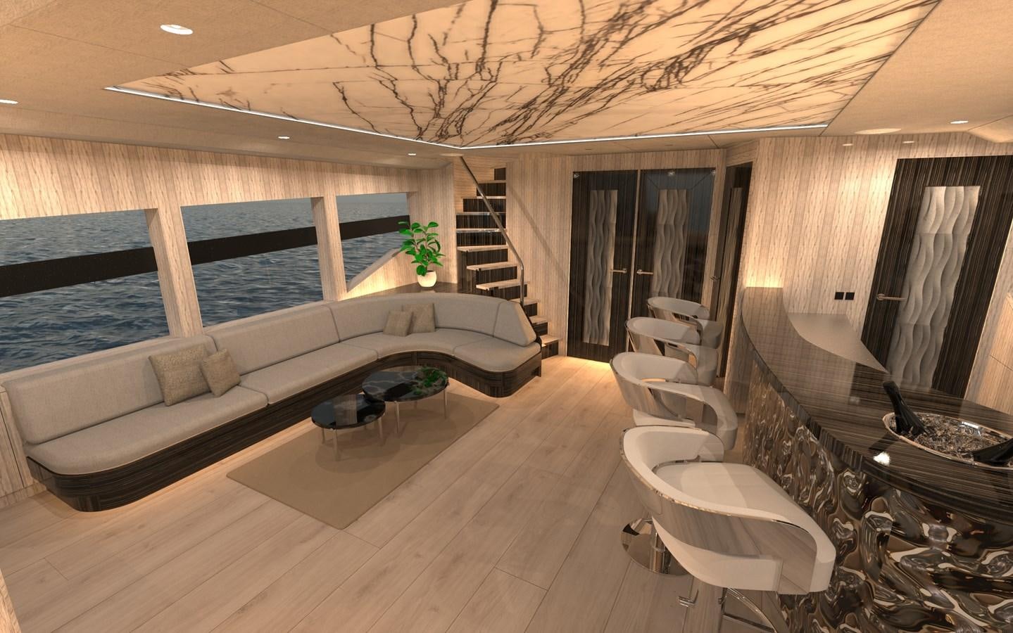 a large living room with a large open roof aboard ST-BARTH 85 FLY Yacht for Sale