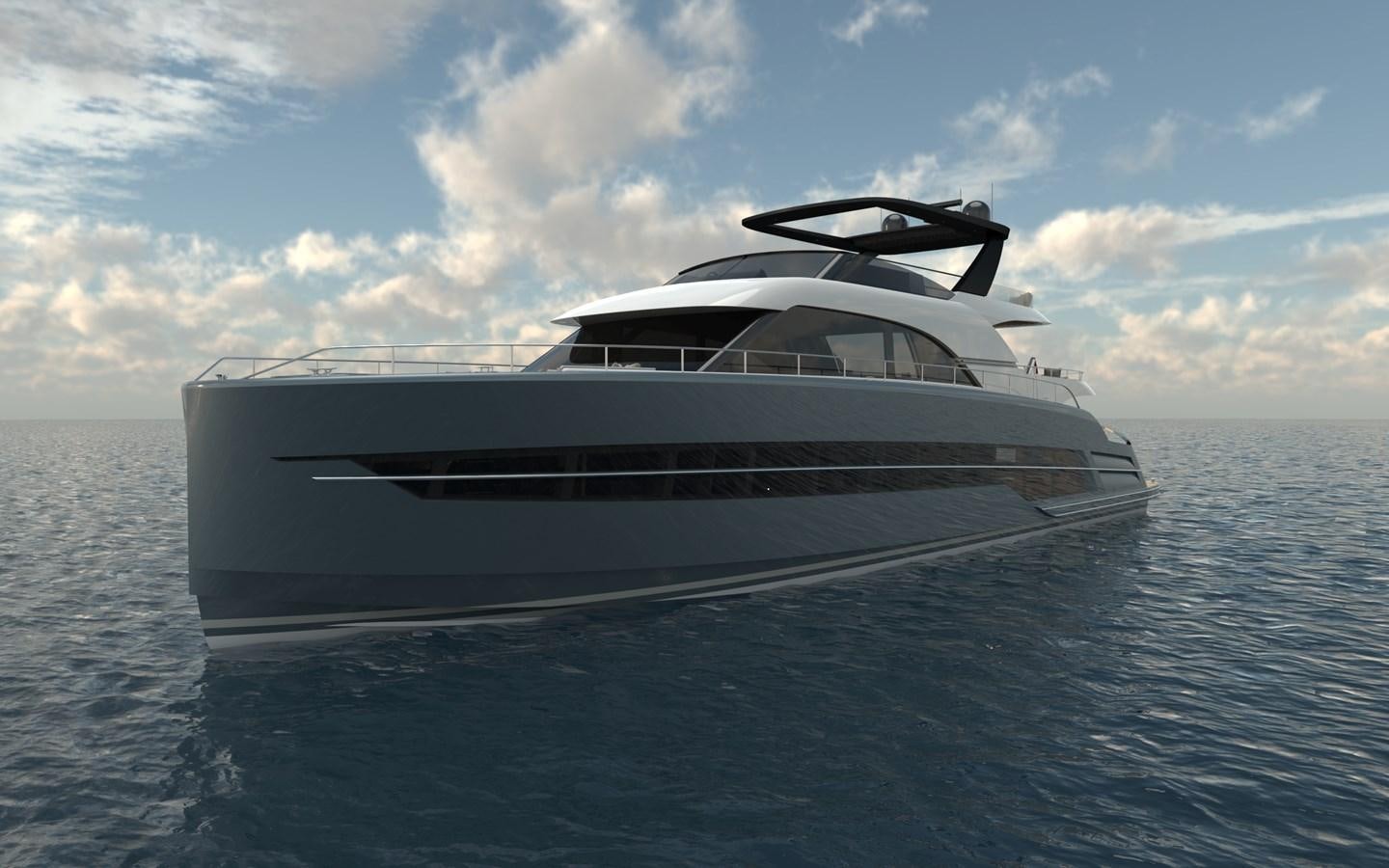 a white yacht in the water aboard ST-BARTH 85 FLY Yacht for Sale