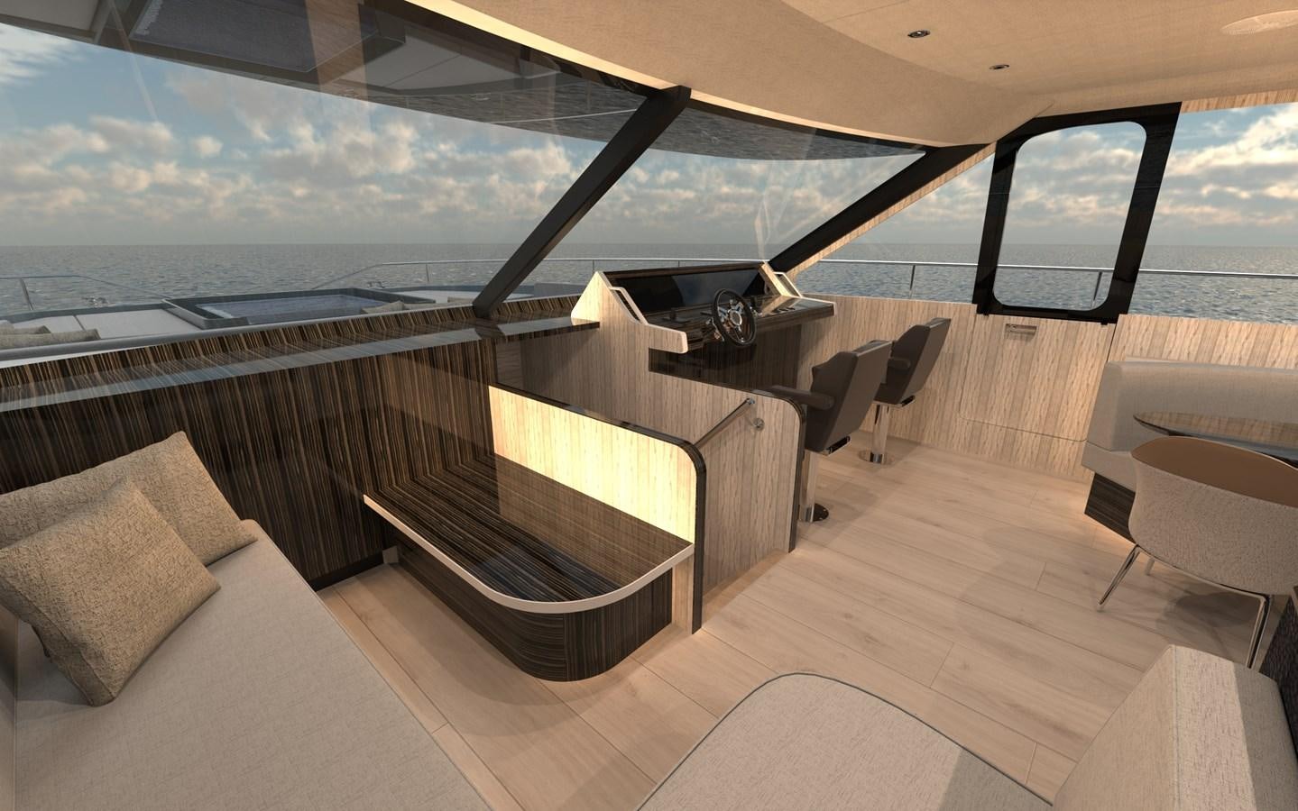 a room with a view of the ocean and the deck aboard ST-BARTH 85 FLY Yacht for Sale