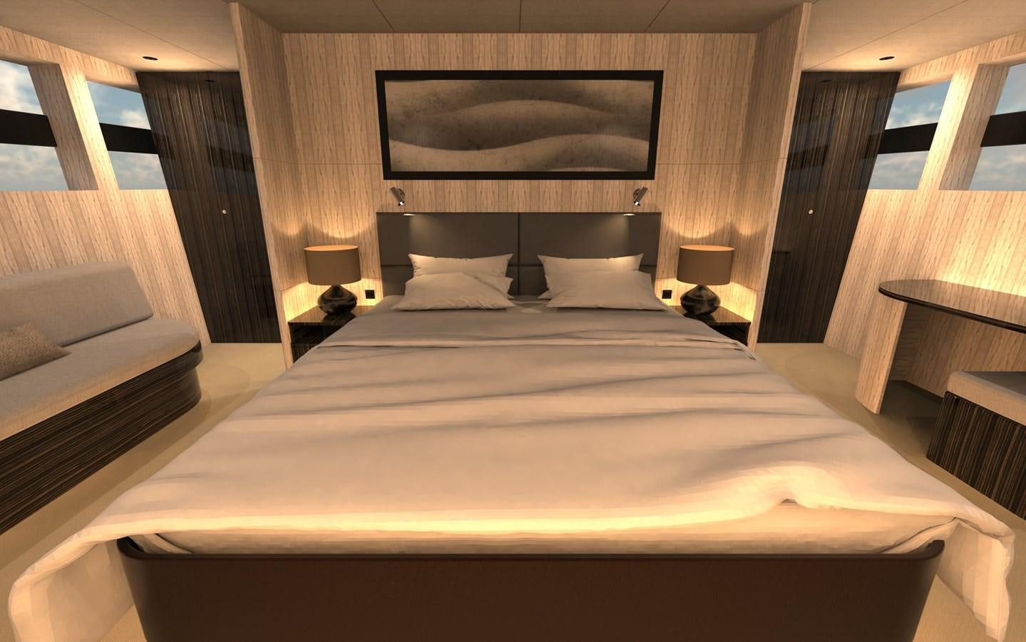 a large bed with a white sheet aboard ST-BARTH 85 FLY Yacht for Sale