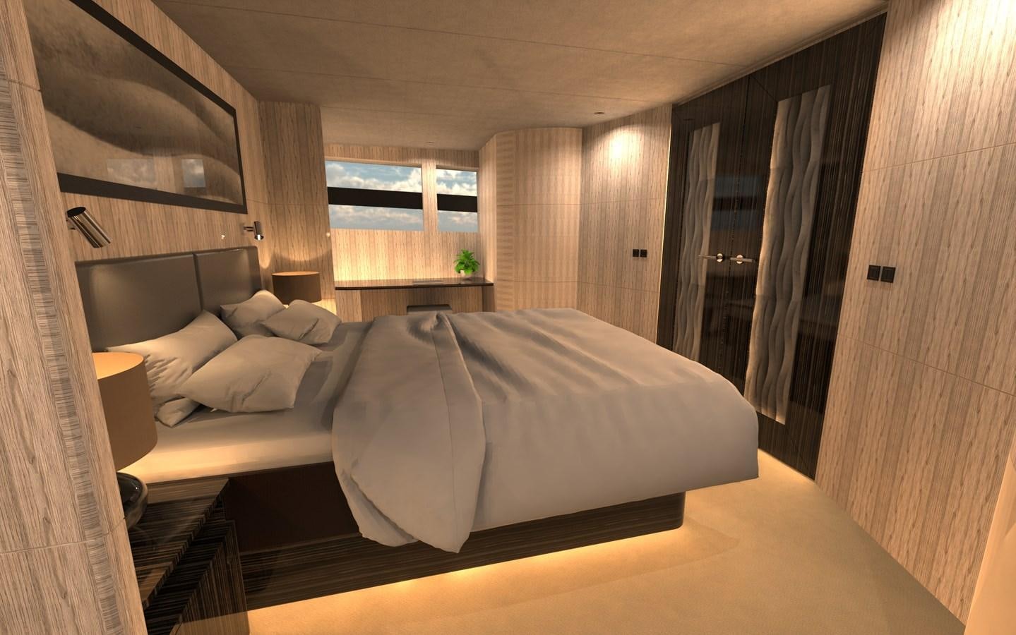 a bed in a room aboard ST-BARTH 85 FLY Yacht for Sale