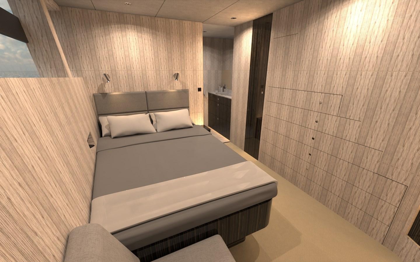 a bed in a room aboard ST-BARTH 85 FLY Yacht for Sale