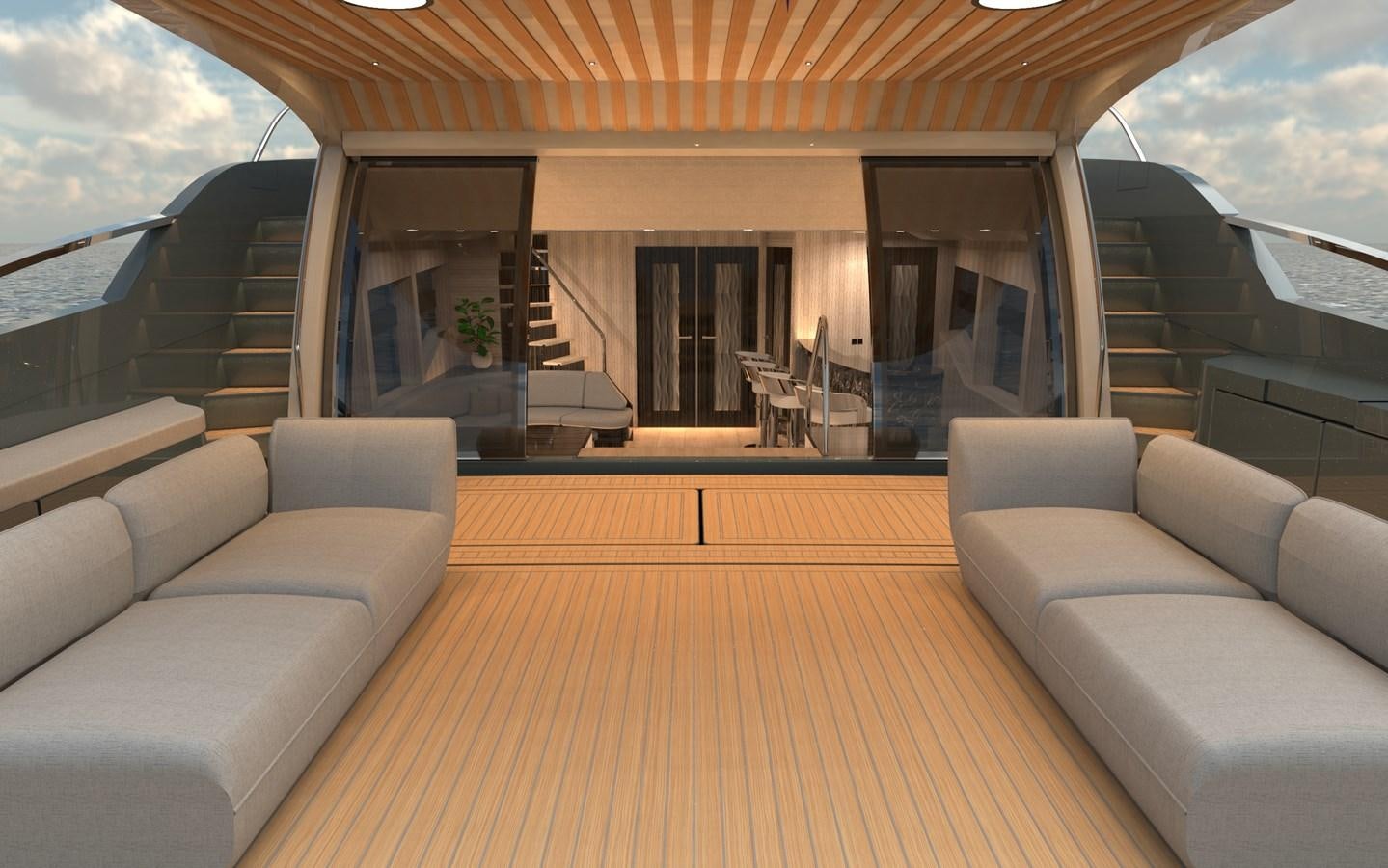 a deck with a couch and a pool aboard ST-BARTH 85 FLY Yacht for Sale