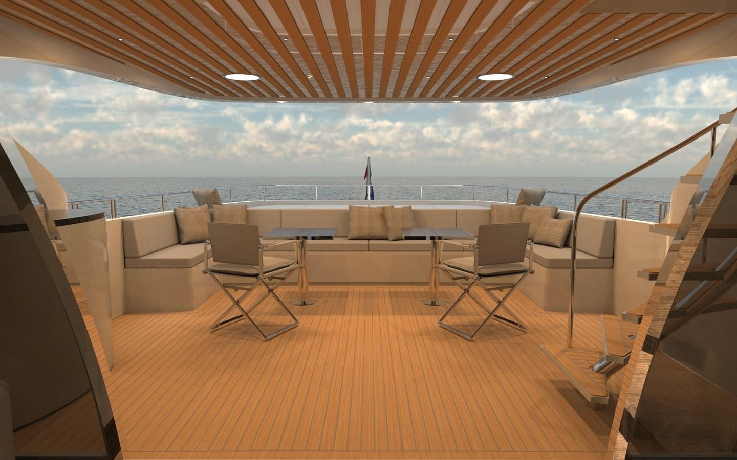 a room with a view of the ocean and a beach aboard ST-BARTH 85 FLY Yacht for Sale