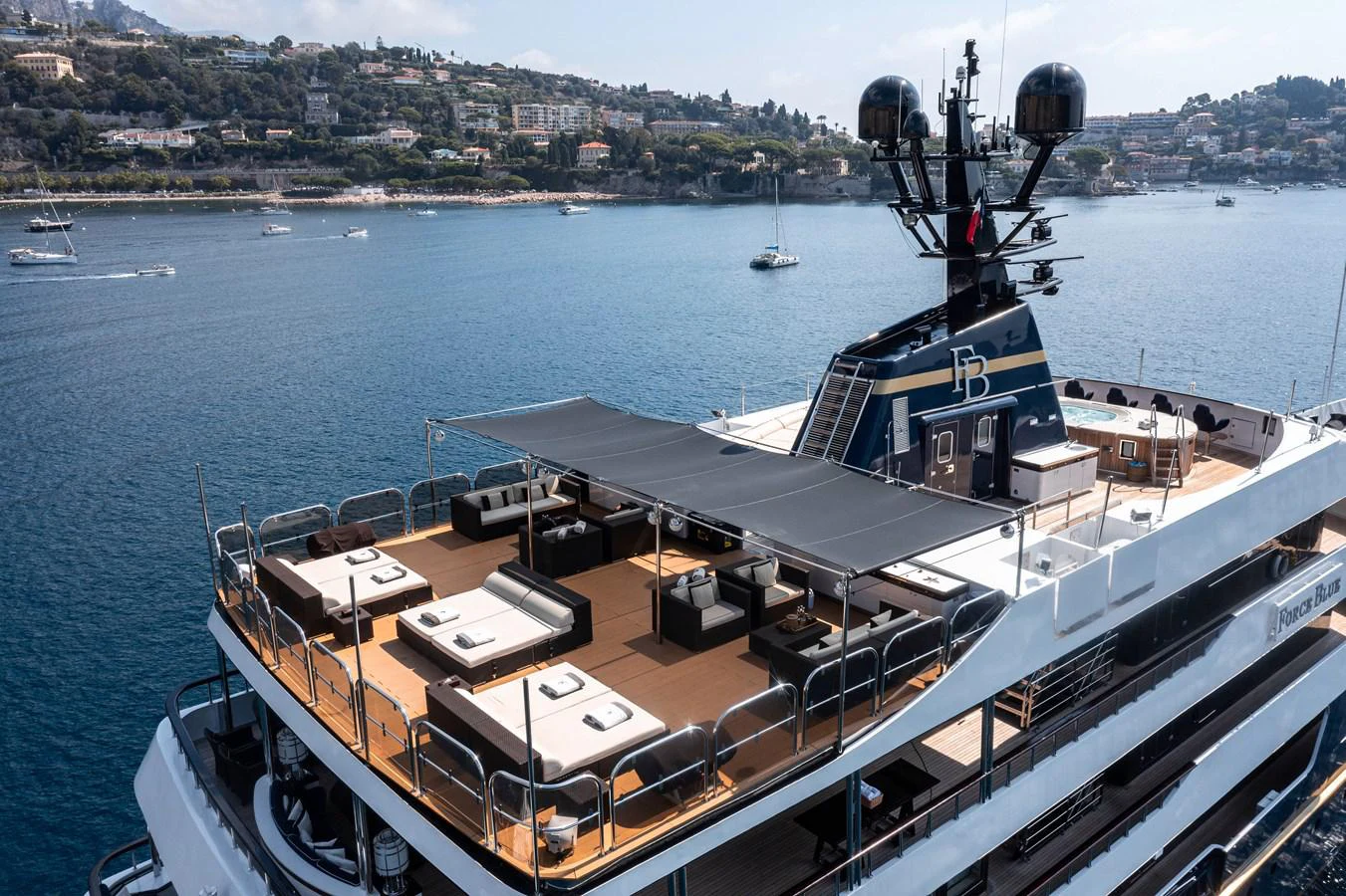 a large ship in the water aboard FORCE BLUE Yacht for Sale