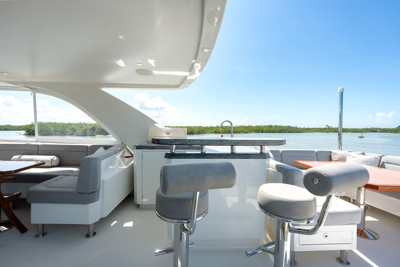 a room with a view of the water and the land below aboard 2018 OCEAN ALEXANDER 70E TIRESUM Yacht for Sale