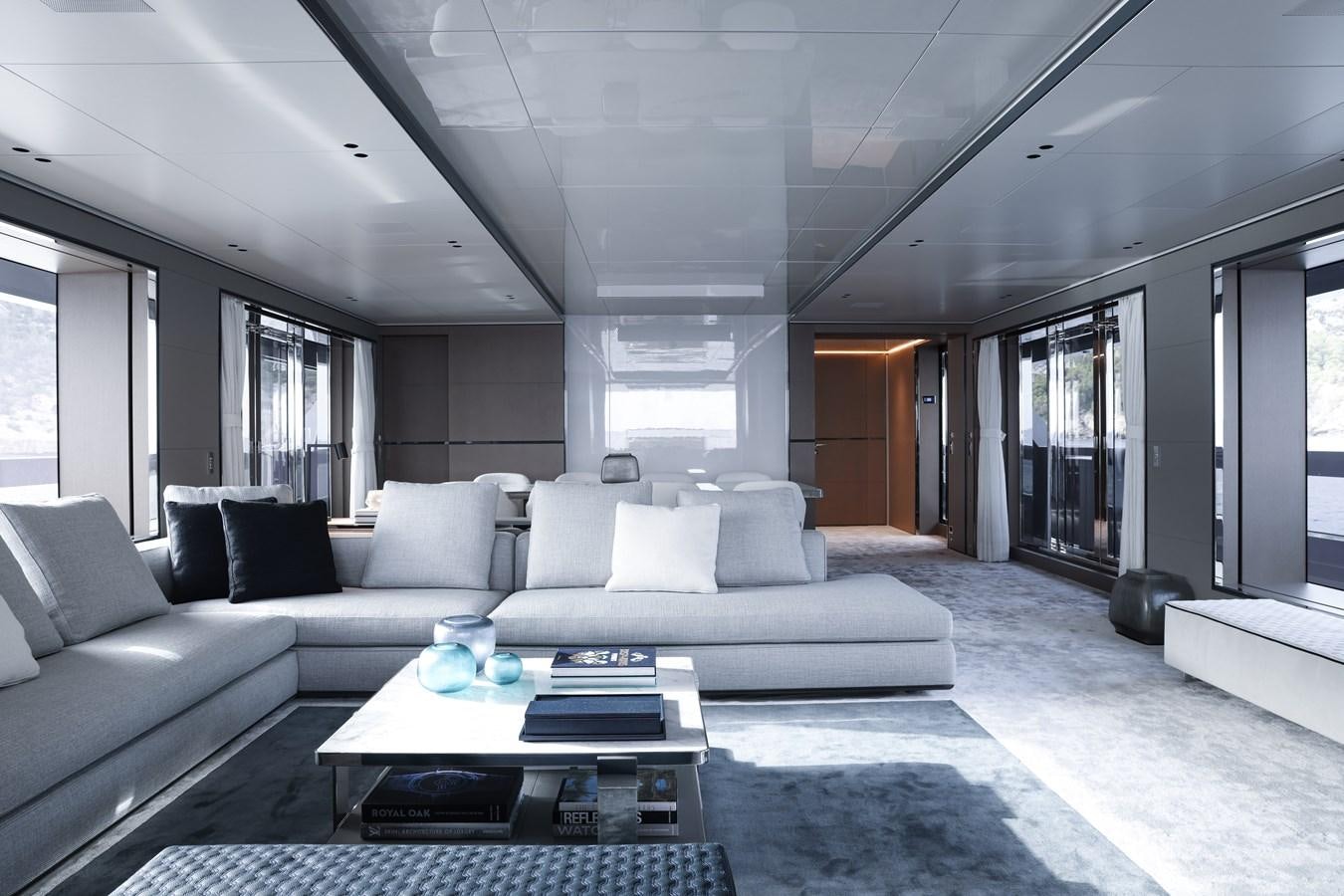 a modern looking living room aboard NO STRESS Yacht for Sale