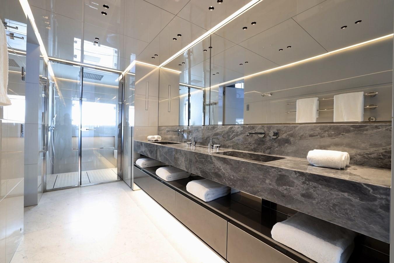 a bathroom with a large countertop aboard NO STRESS Yacht for Sale
