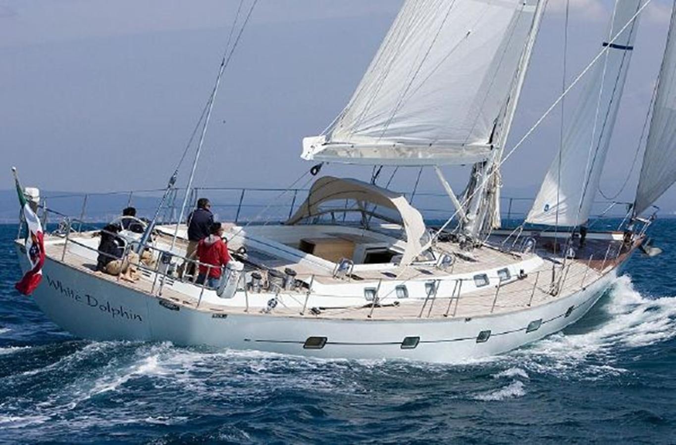 a boat with a sail aboard WHITE DOLPHIN Yacht for Sale