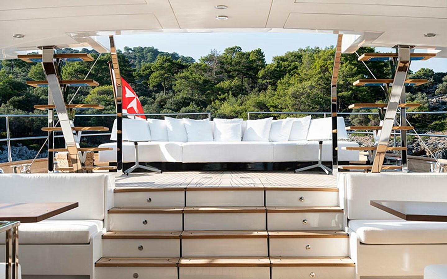 a room with a wood railing and a railing with a flag on it aboard ATLANTIKA Yacht for Sale