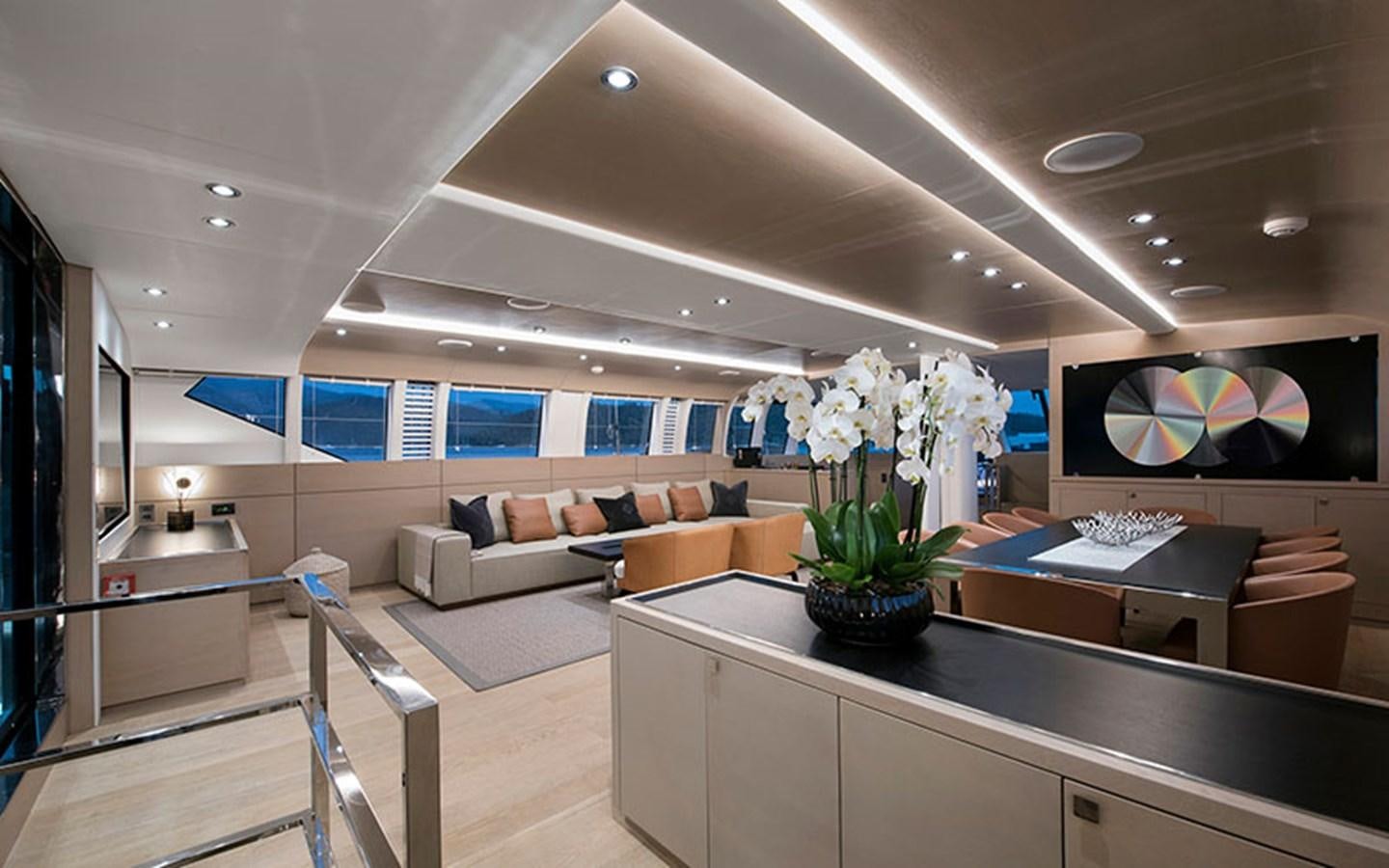 a modern looking living room aboard ATLANTIKA Yacht for Sale