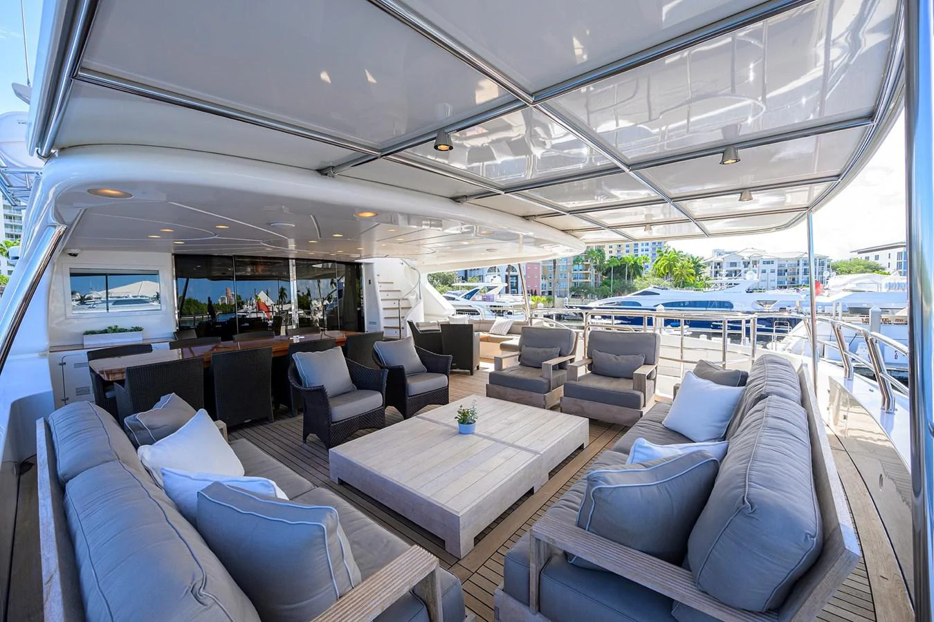 inside of a vehicle with a table and chairs and a large window aboard ARTHUR’S WAY Yacht for Sale