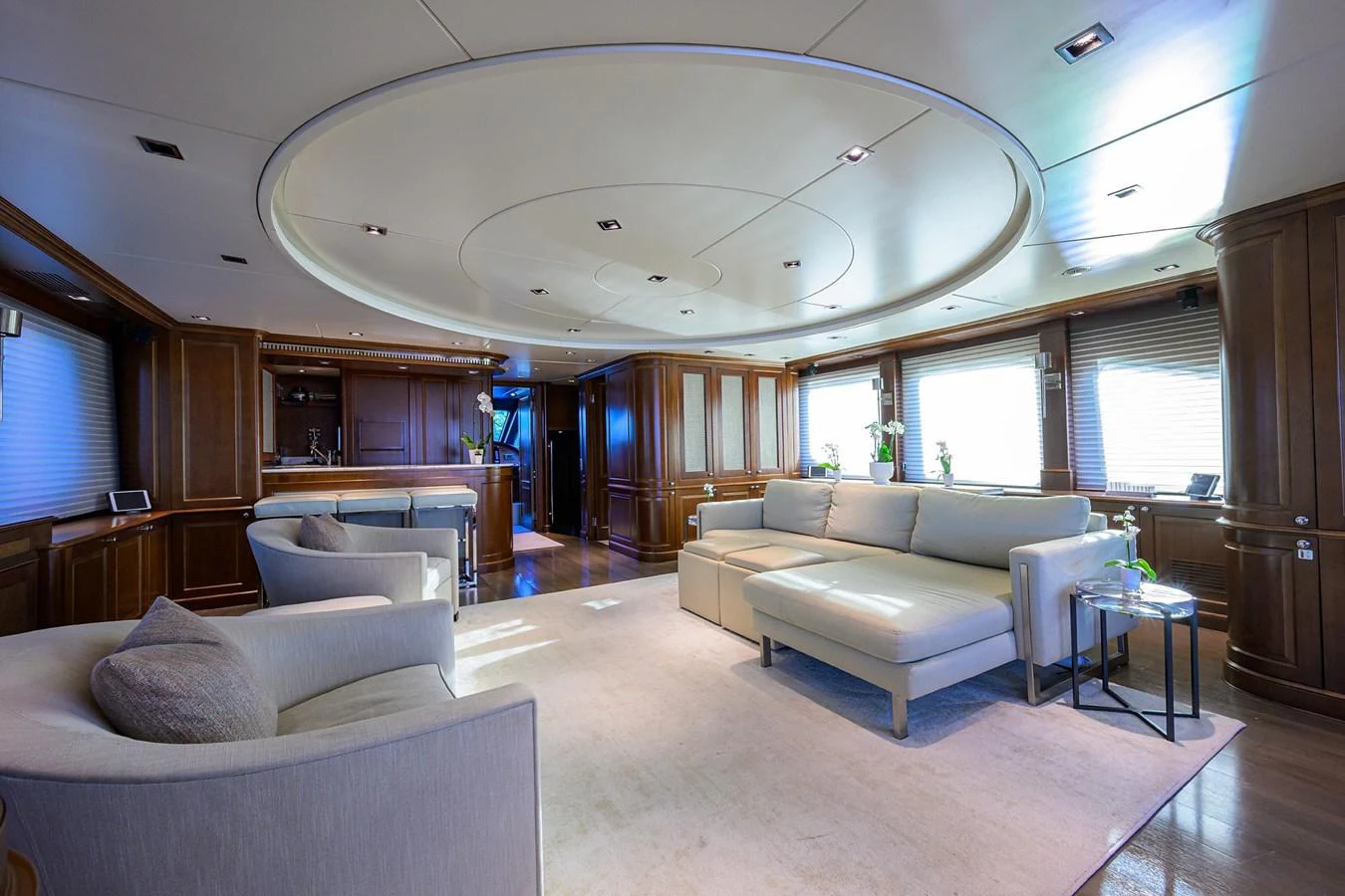 a living room with a large ceiling aboard ARTHUR’S WAY Yacht for Sale