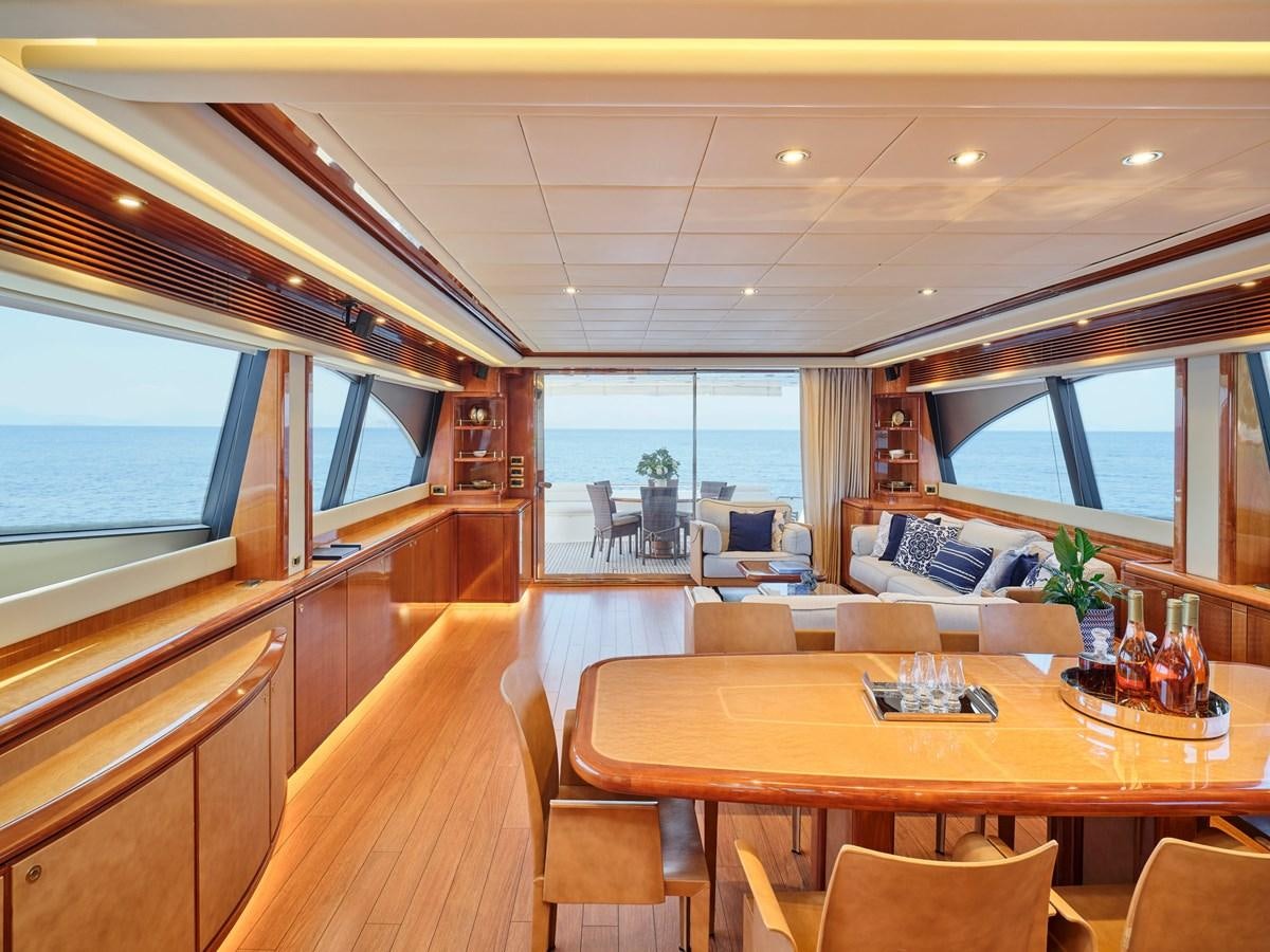a room with a table chairs and a tv aboard ESTIA YI Yacht for Sale