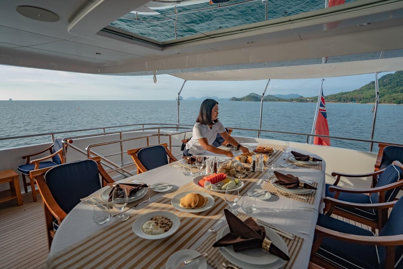a person sitting at a table with food on it aboard LADY AZUL Yacht for Sale