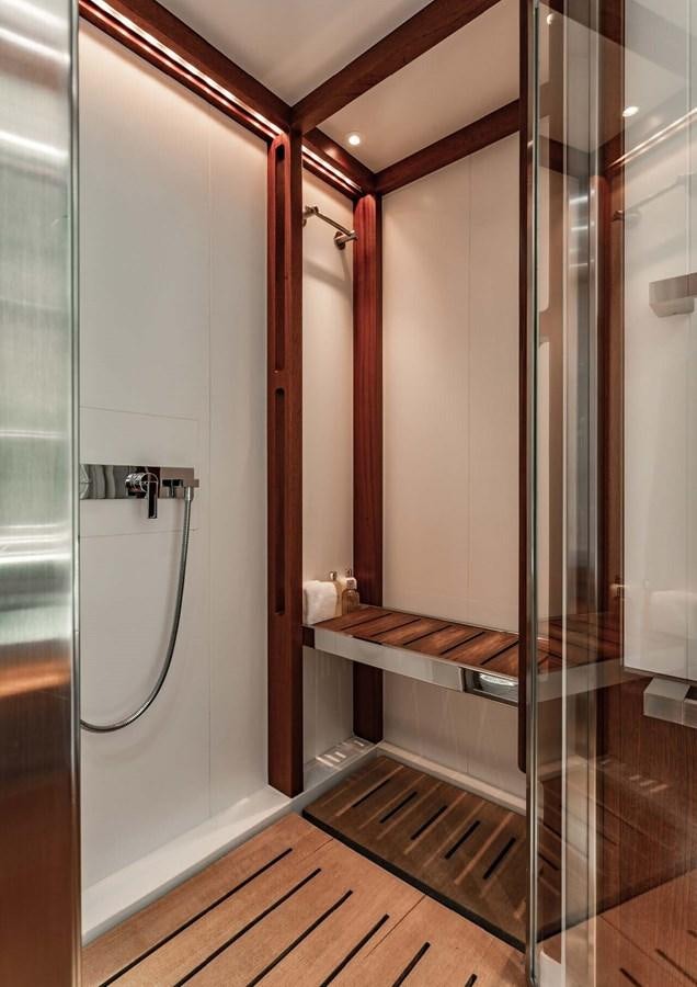 a bathroom with a shower unit aboard ROSEHEARTY Yacht for Sale