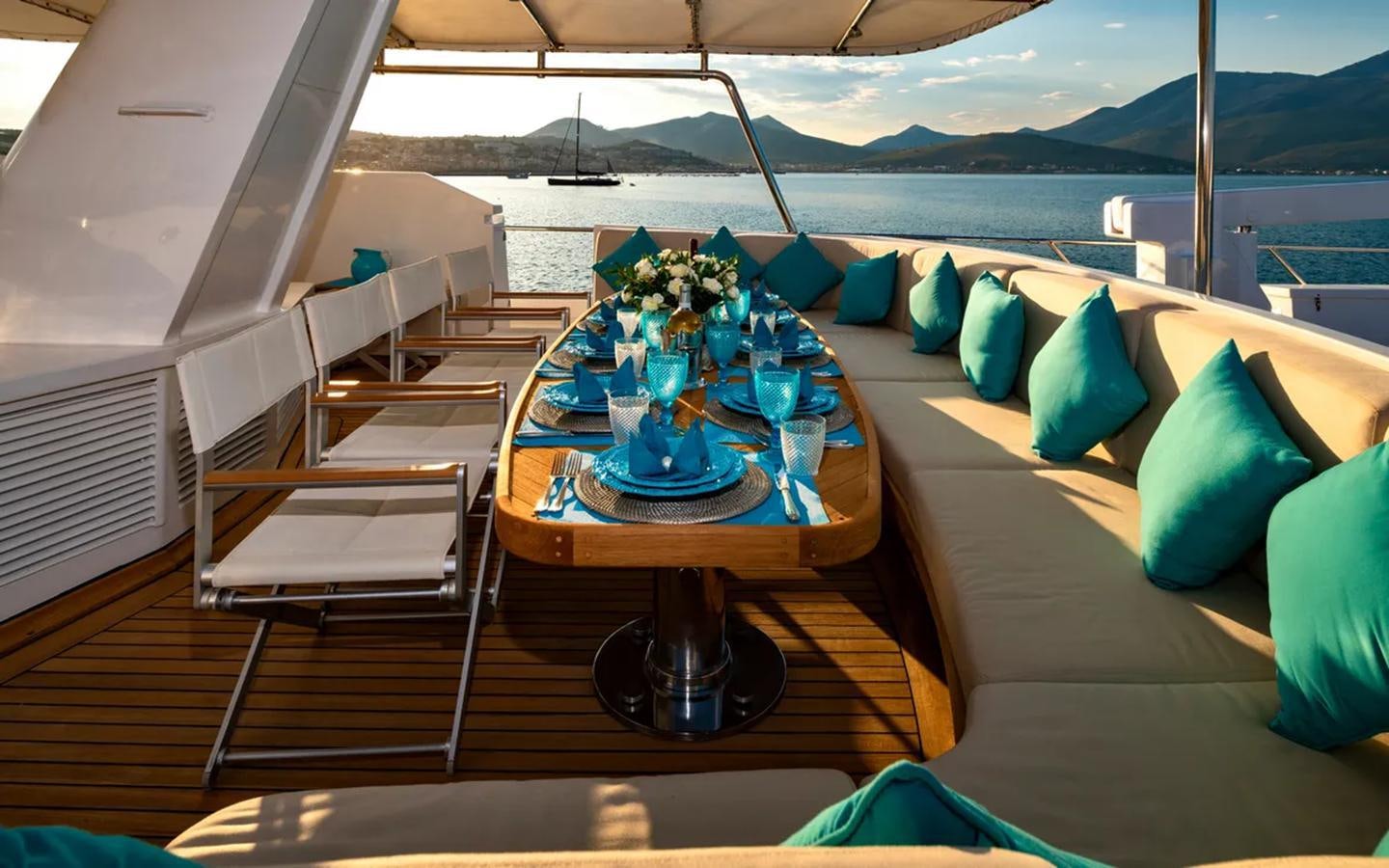 a table with a plate on it aboard NIGHTFLOWER Yacht for Sale