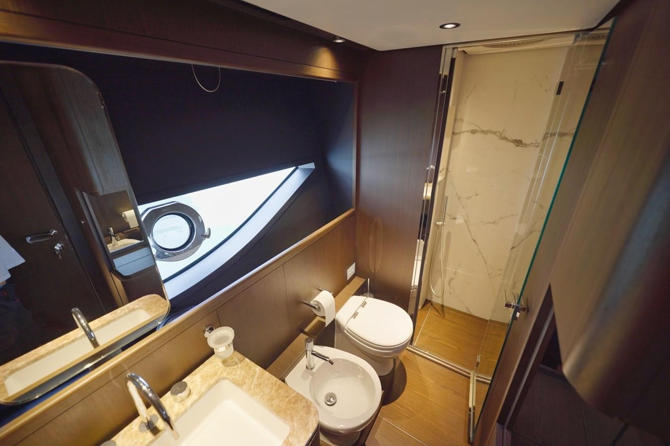 a bathroom with a large window aboard ASMARA Yacht for Sale