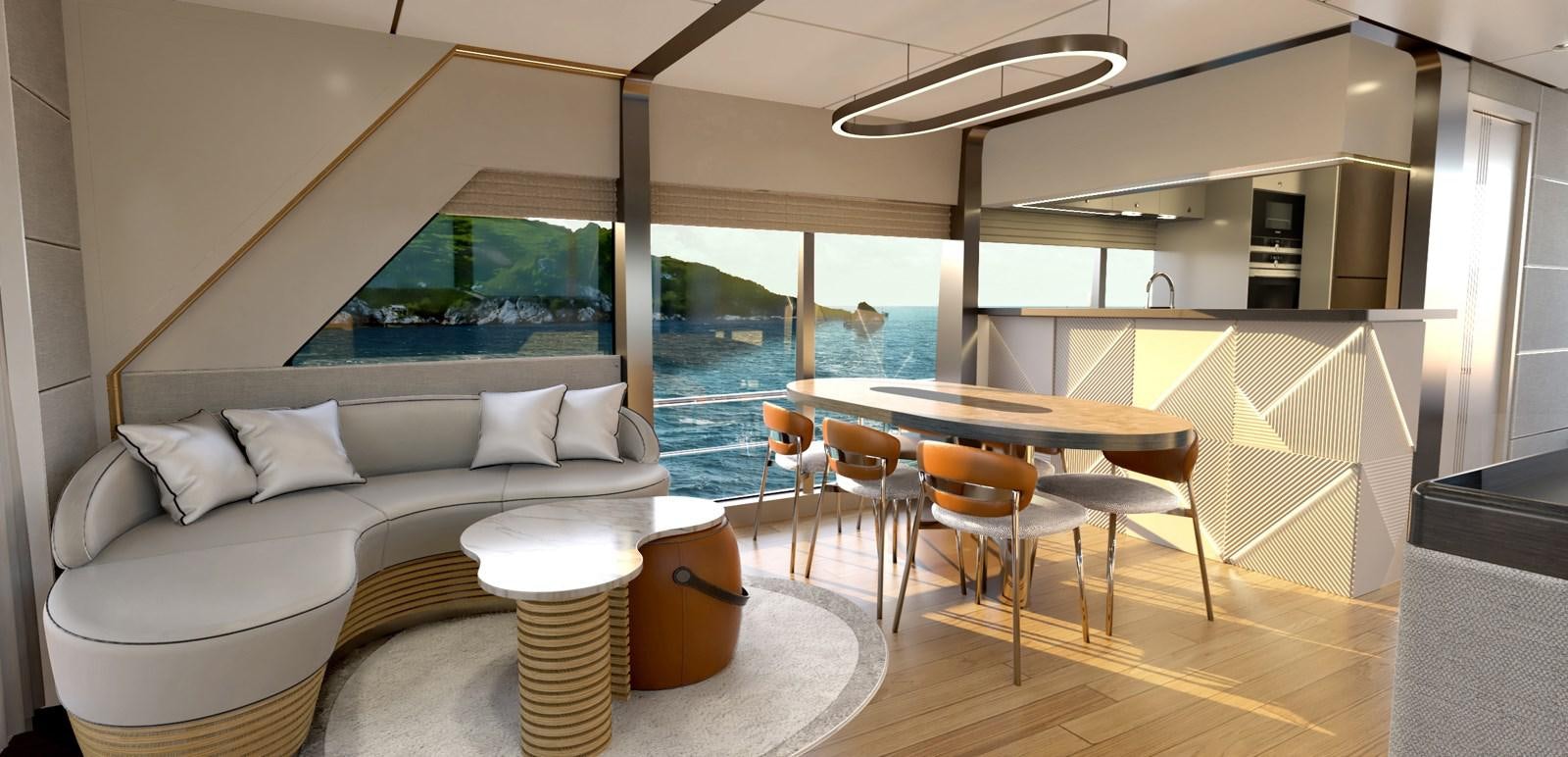 a room with a bed and a table and chairs aboard VOYAGE ONE Yacht for Sale