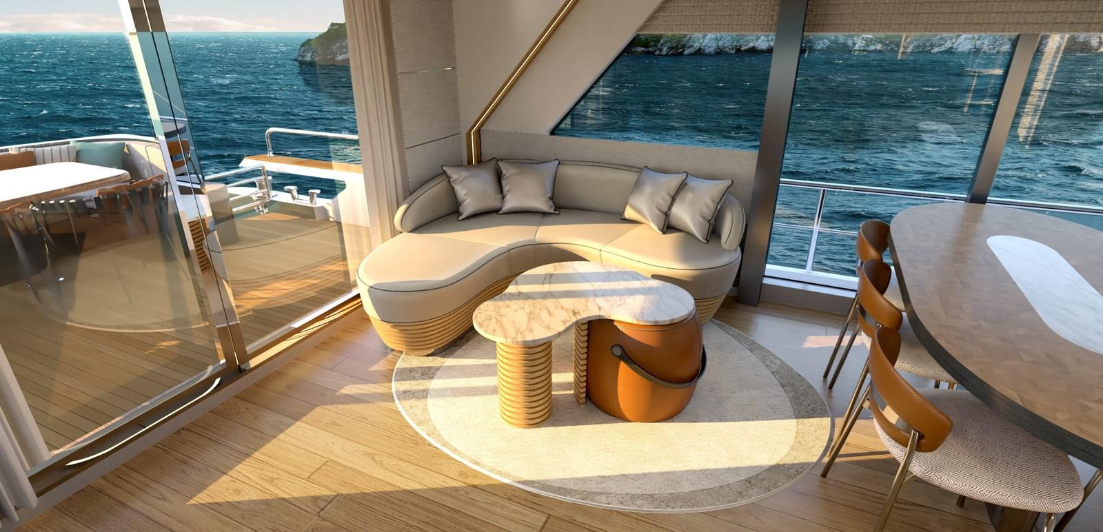 a room with a bed and a table and chairs aboard VOYAGE ONE Yacht for Sale