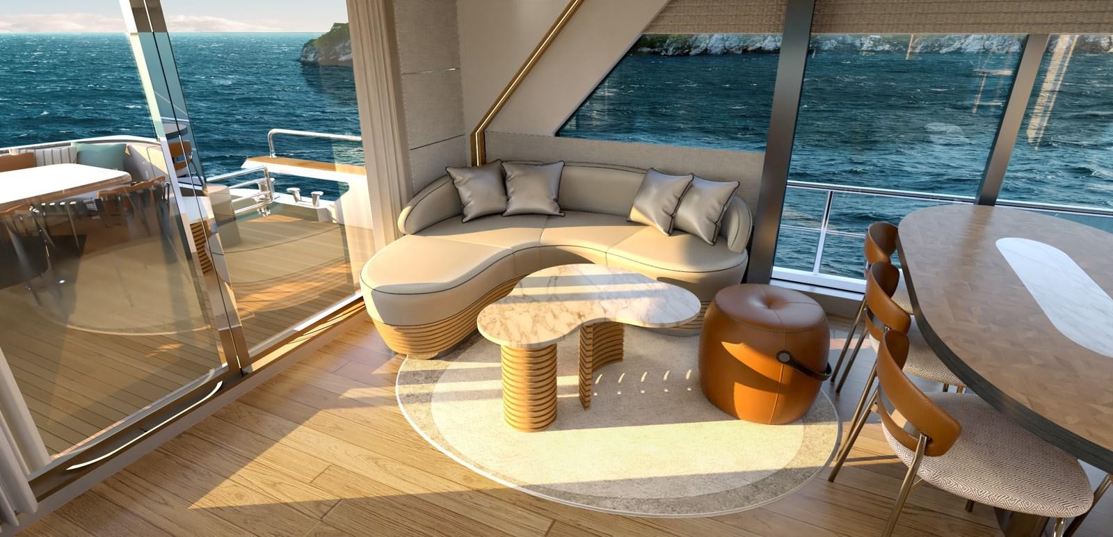 a room with a bed and a table and chairs aboard VOYAGE ONE Yacht for Sale
