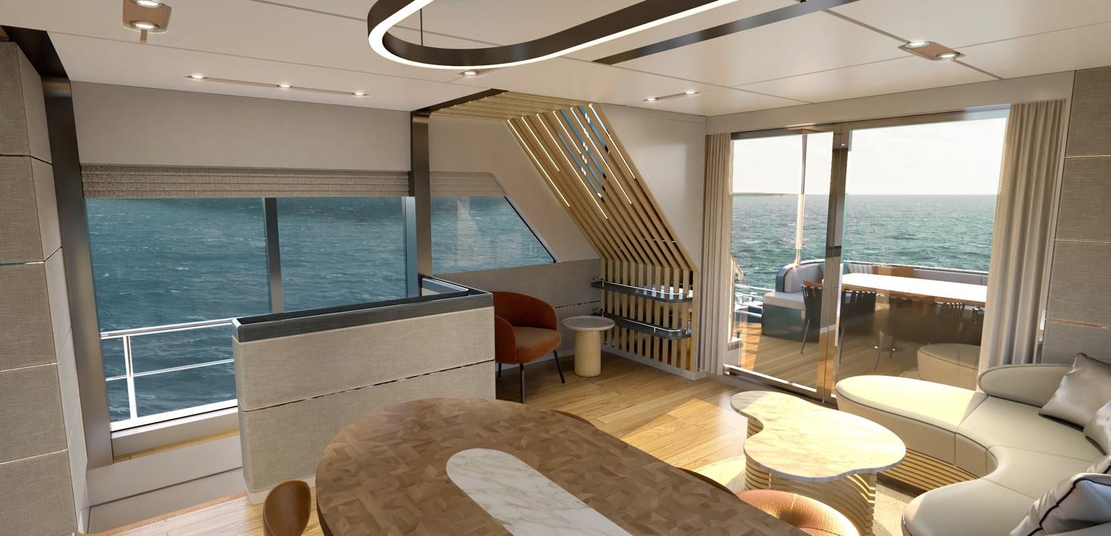 a room with a staircase and a view of the ocean aboard VOYAGE ONE Yacht for Sale