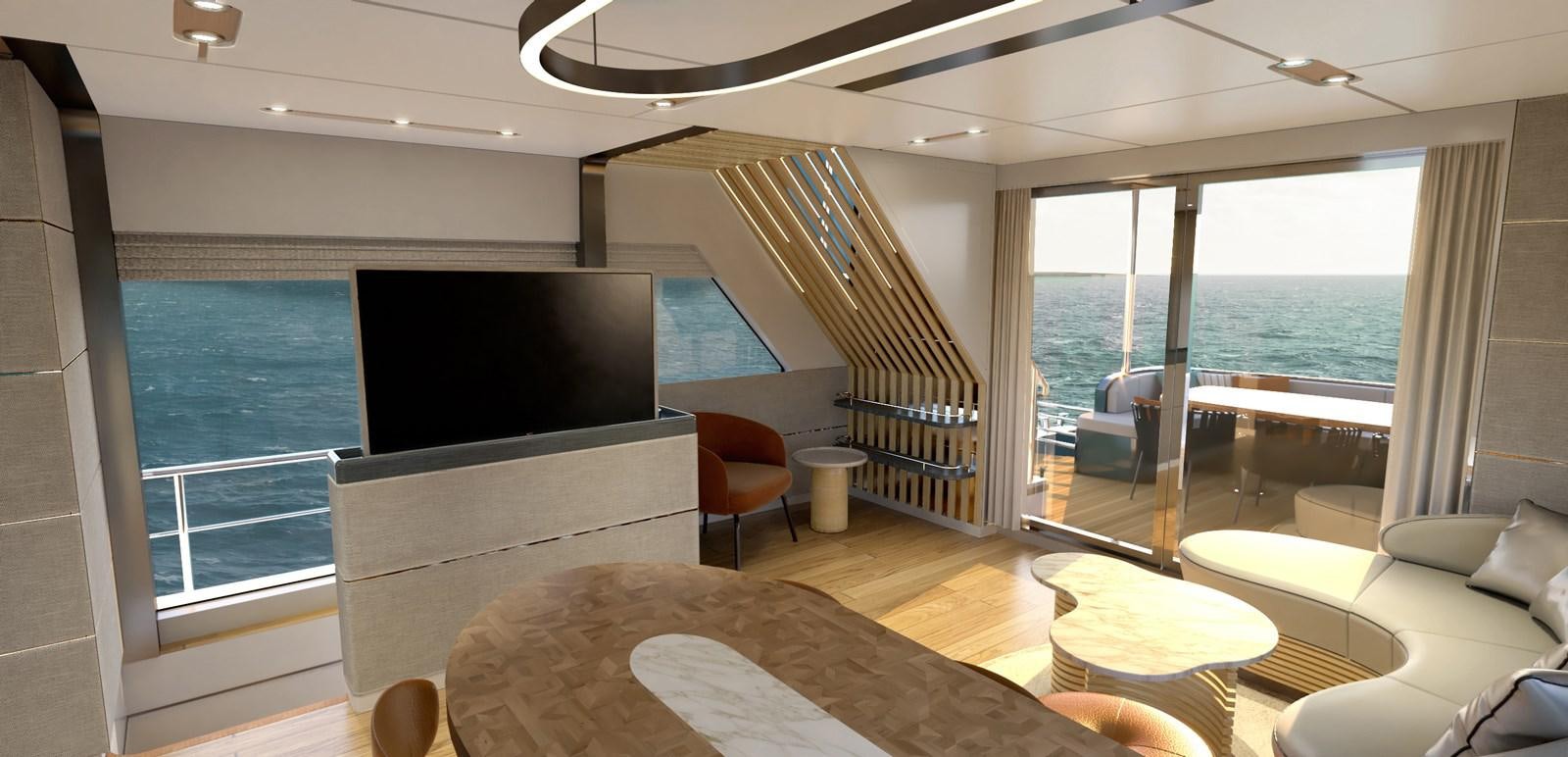 a living room with a large window and a large television aboard VOYAGE ONE Yacht for Sale