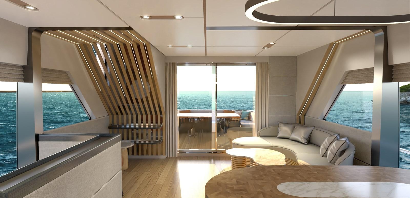 a living room with a large window aboard VOYAGE ONE Yacht for Sale