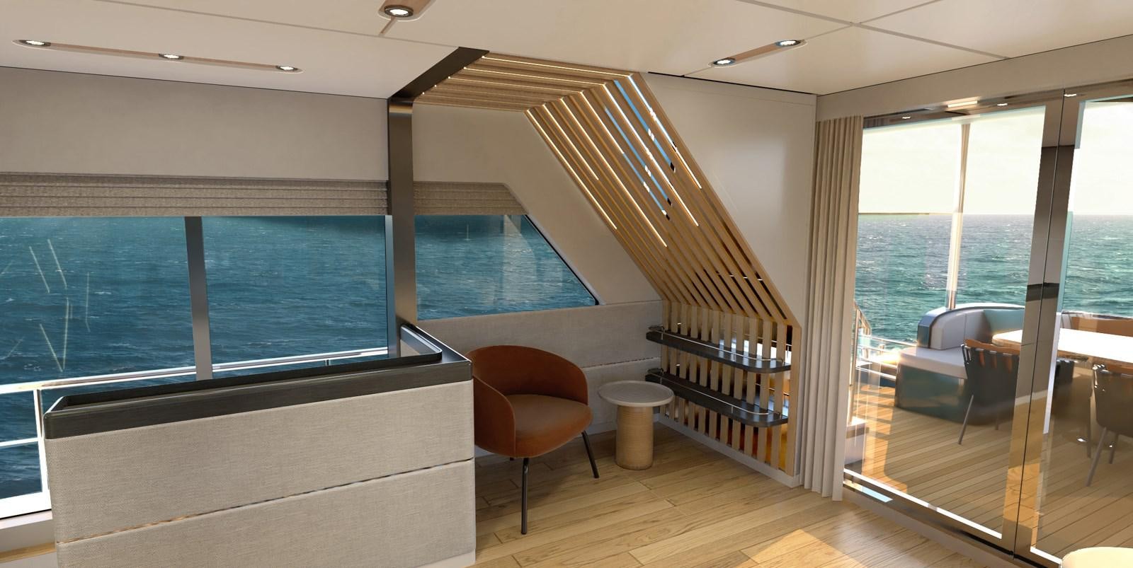 a room with a staircase and a window aboard VOYAGE ONE Yacht for Sale