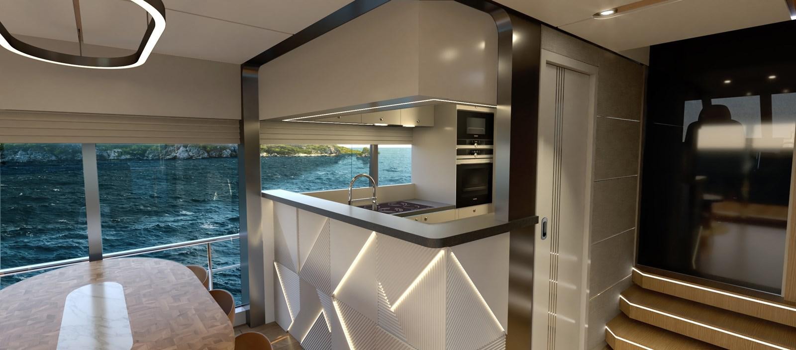 a room with a sink and a microwave oven aboard VOYAGE ONE Yacht for Sale