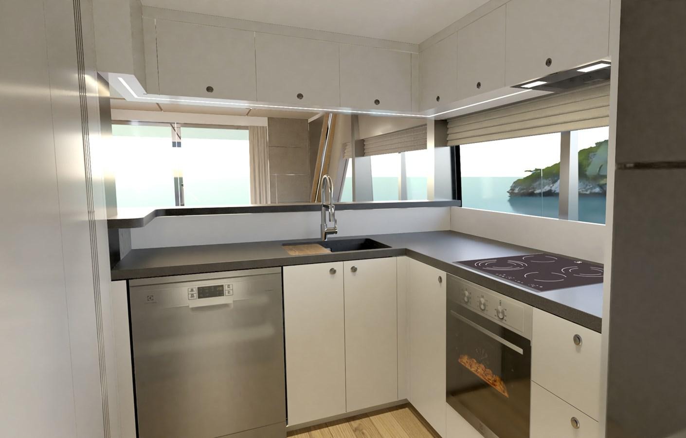 a kitchen with a large window aboard VOYAGE ONE Yacht for Sale