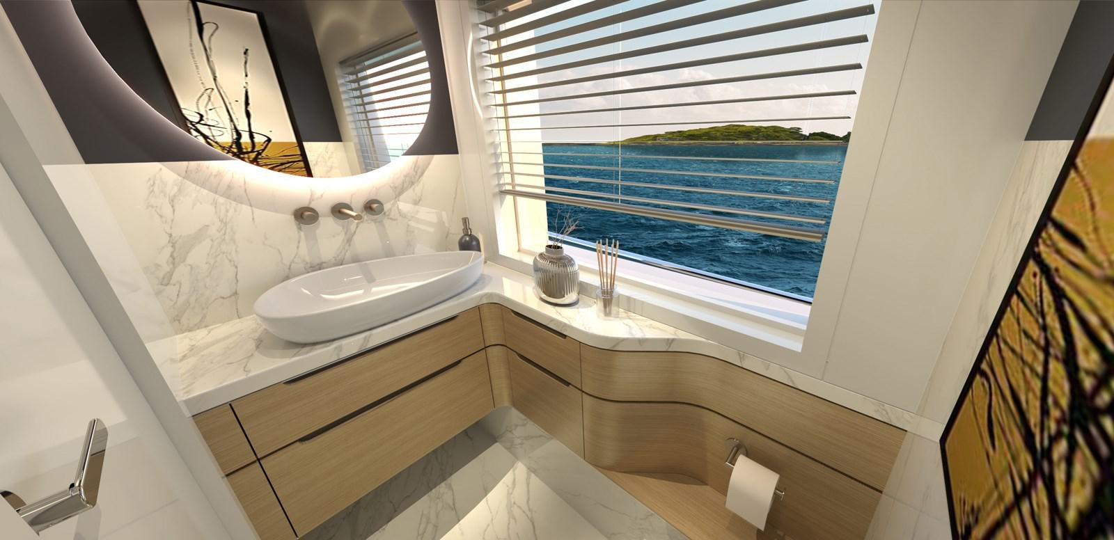 a bathroom with a sink and a window aboard VOYAGE ONE Yacht for Sale