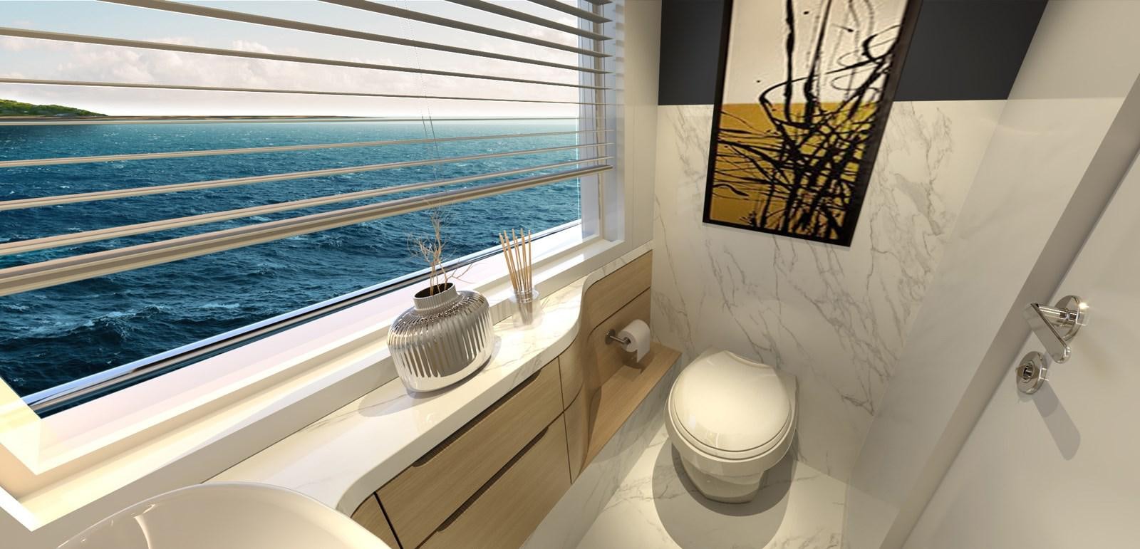 a bathroom with a window and a toilet aboard VOYAGE ONE Yacht for Sale