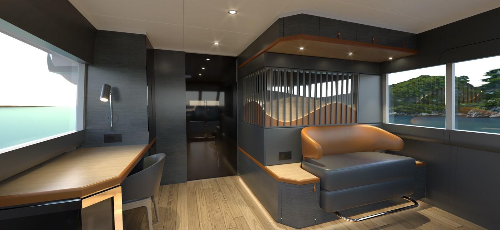 a living room with a large window aboard VOYAGE ONE Yacht for Sale