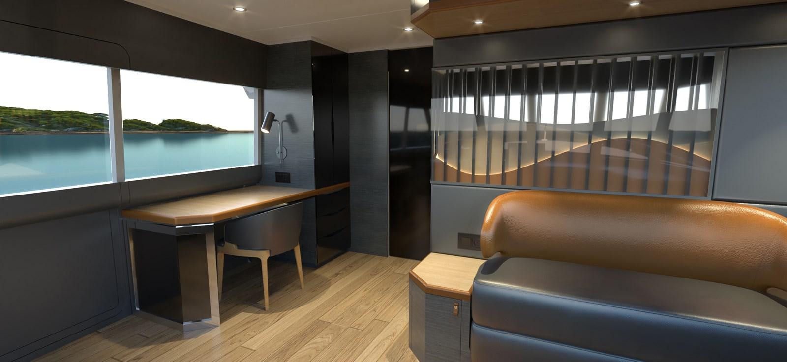 a room with a couch and a table and a window aboard VOYAGE ONE Yacht for Sale