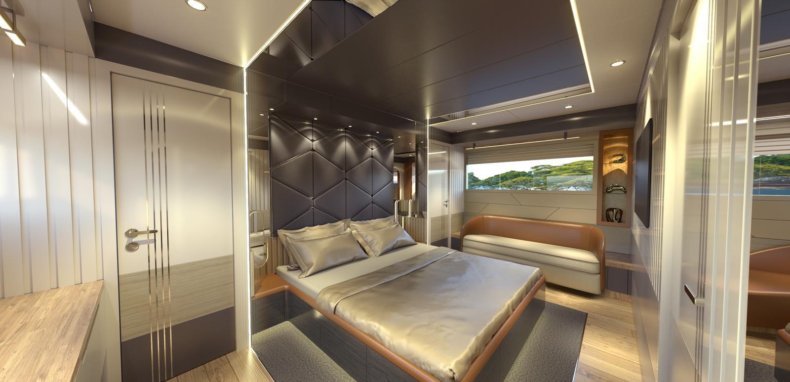 a room with a bed and a large glass door aboard VOYAGE ONE Yacht for Sale