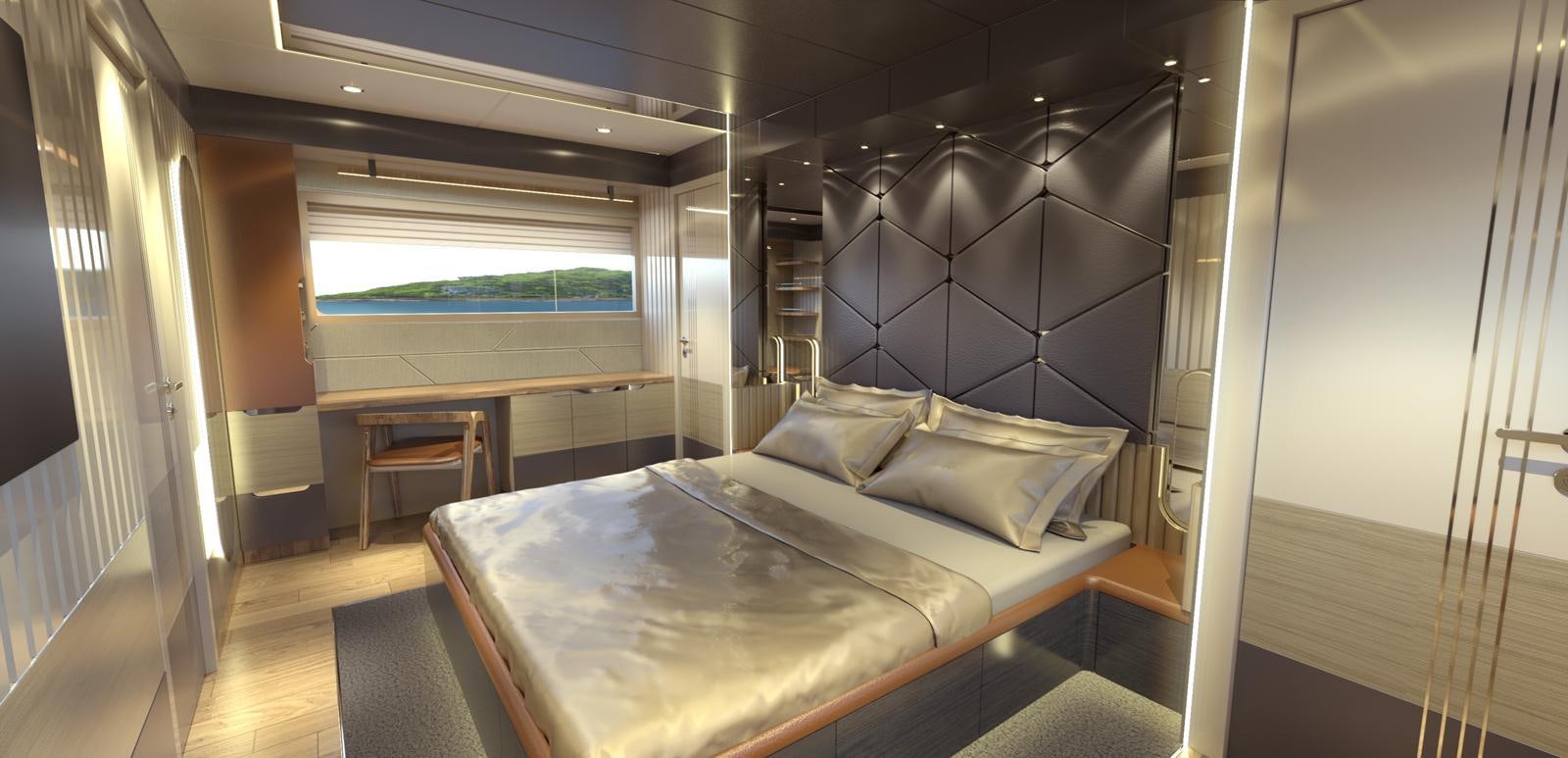 a room with a bed and a window aboard VOYAGE ONE Yacht for Sale