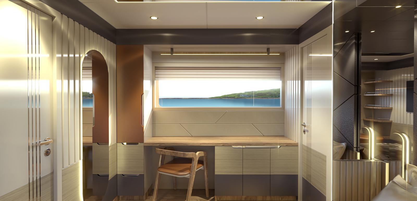 a room with a desk and a window aboard VOYAGE ONE Yacht for Sale