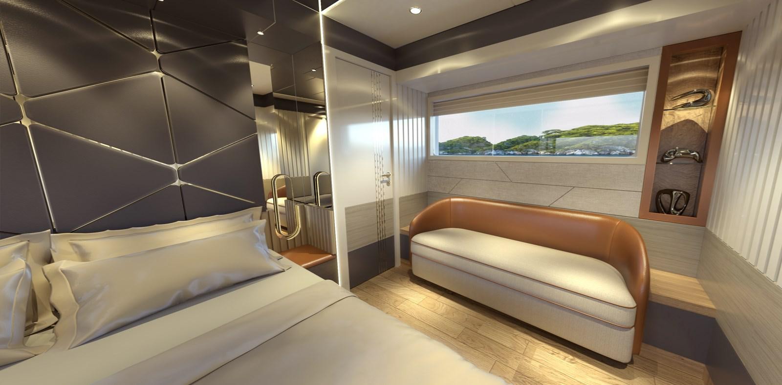 a room with a bed and a window aboard VOYAGE ONE Yacht for Sale