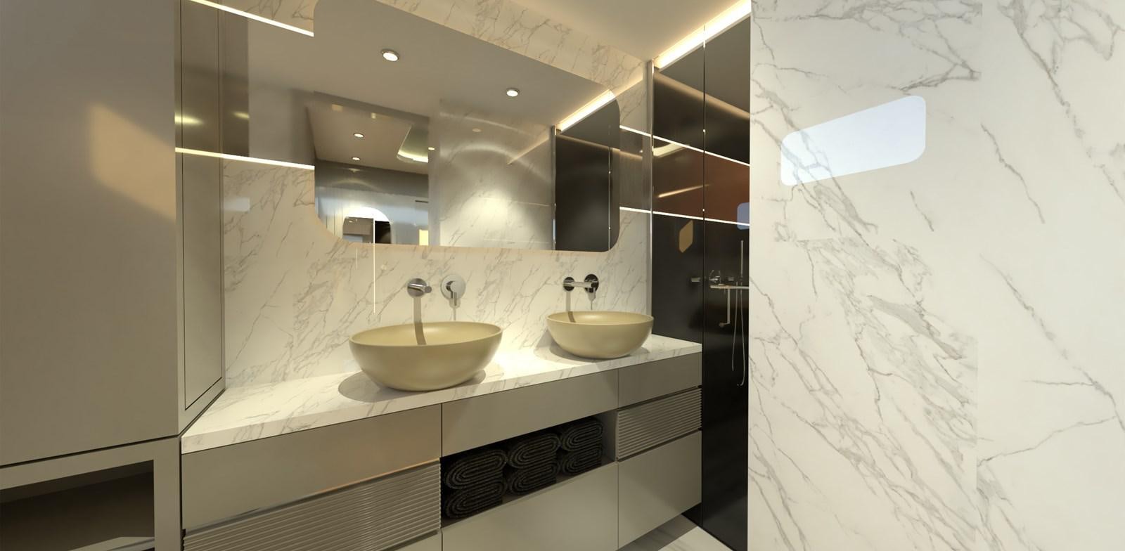 a bathroom with sinks and mirrors aboard VOYAGE ONE Yacht for Sale